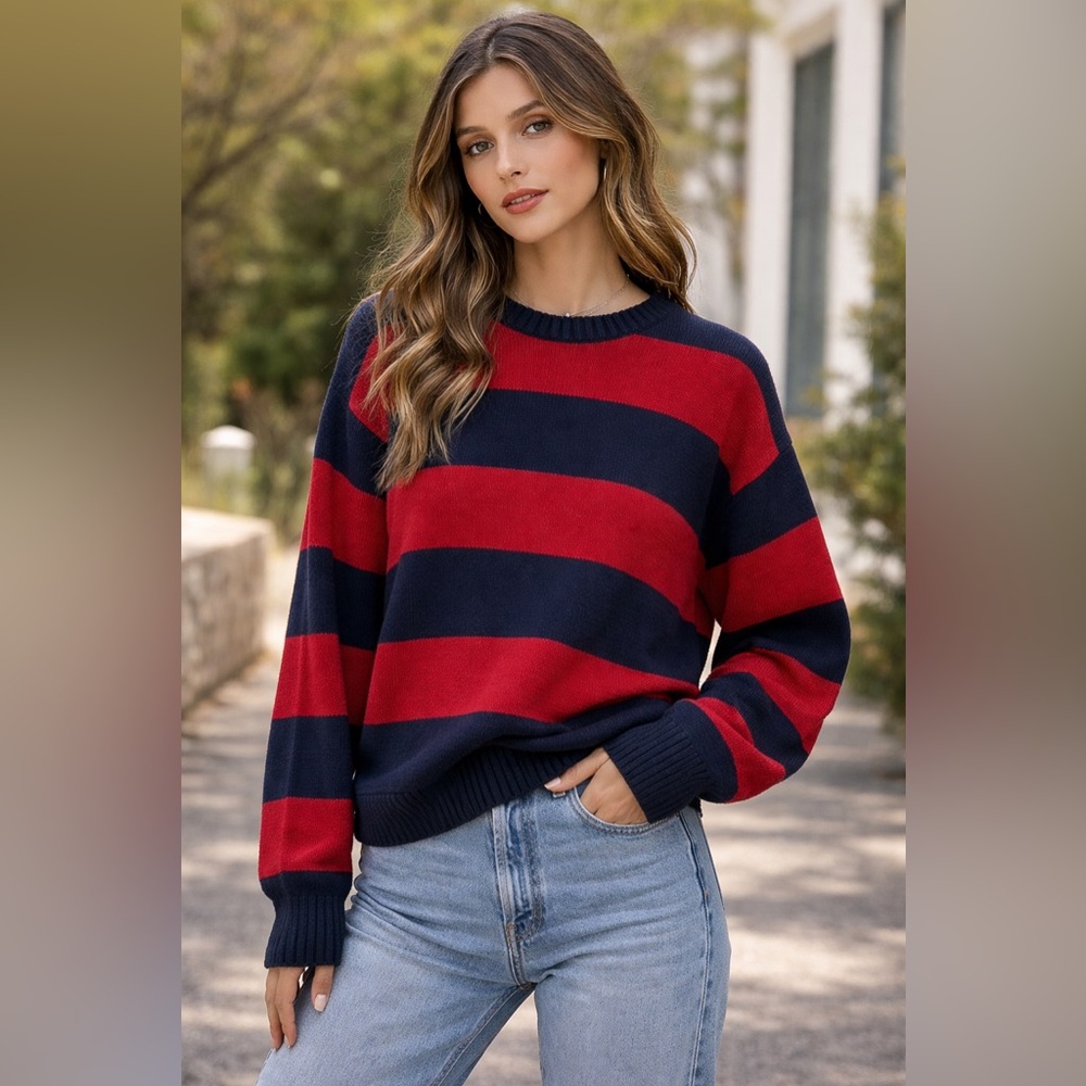 John Galt Brandy Melville Red Navy Striped Cotton Sweater One Size
